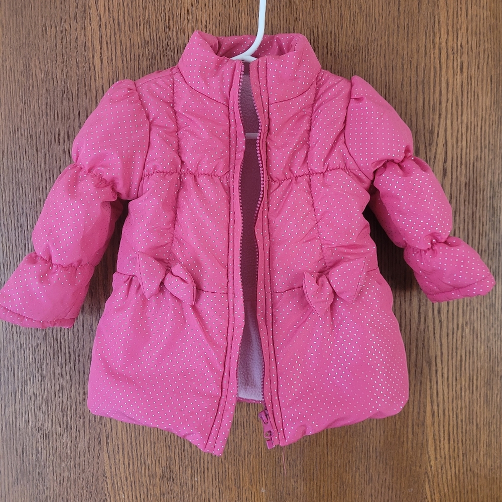 Pink silver polka dot puffy coat lined with fleece 24 months